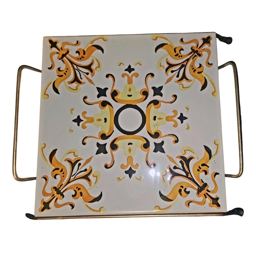 Vintage Ceramic Tile Trivet Brass‎ Frame Stand Made in Spain Hand Painted Floral